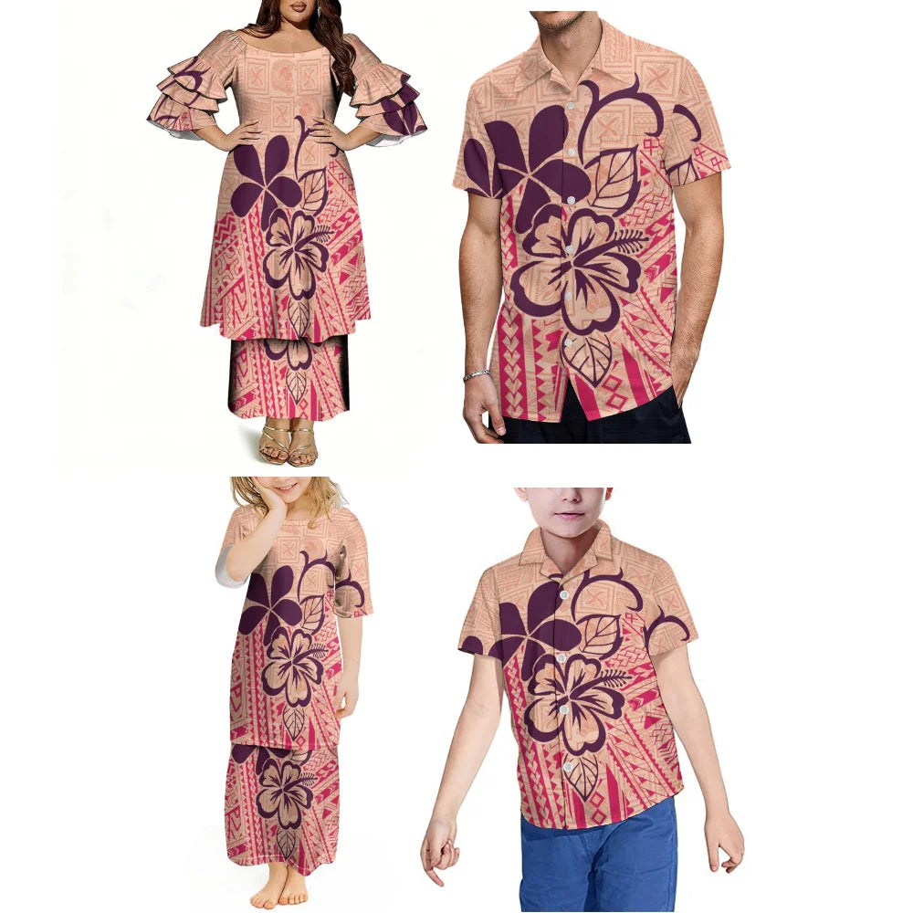 Pacific Island Samoa Family Set Comfortable Women'S Puletasi Dress Men'S Hawaiian Shirt Festive Party Floral Printed Clothing
