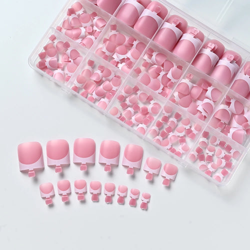150Pcs Pink White French Press On Toenails 15-Sizes Short Square Fake Toe Nails White Edge Design Wearable False Foot Nail Tips