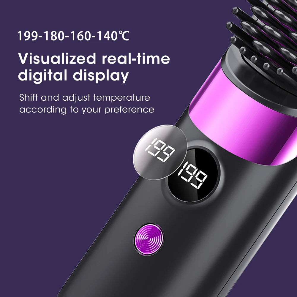 Portable Hair Straightener Brush 4 Temp Setting Cordless Straightening Comb LED Display Ceramic Coating Ionic Technology Styling