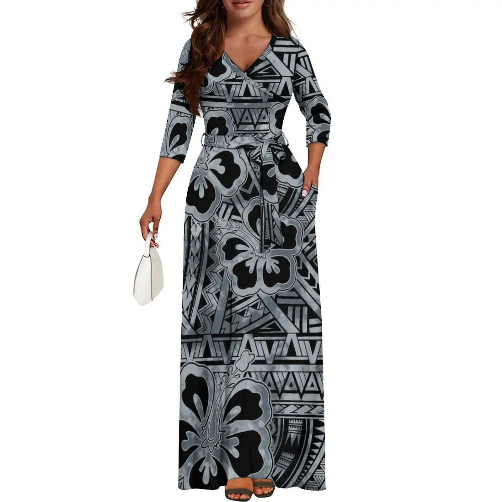 Tribal Ethnic Style Women'S Dress Fiji Samoa Custom Dress Polynesian Ladies Banquet Dress Elegant V-Neck Short-Sleeved Dress