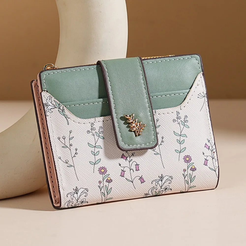 Fashion PU Leather Women Short Wallet Multi-Cards Small Flowers Coin Purse Zipper Hasp Slim Small Wallet Women