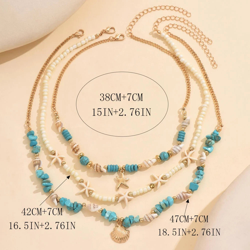 3Pcs Set Layered Turquoise Shell Starfish Necklace for Women Boho Beaded Necklaces Summer Beach Vacation Party Jewelry