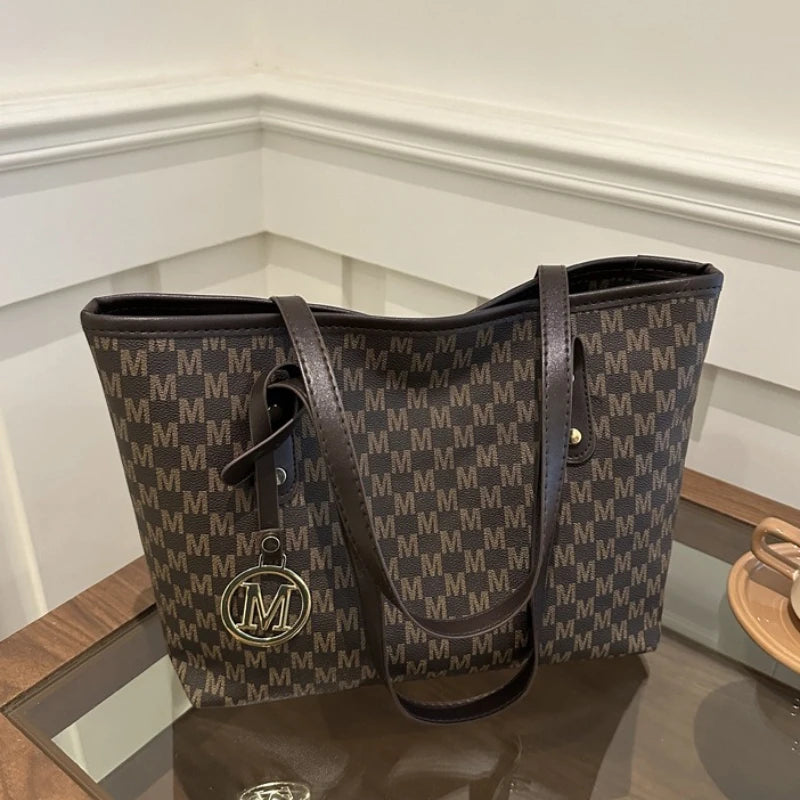 Elegant Monogram Tote Bag with Detachable Gold M Charm Faux Leather Handles Large Capacity Work Commuter Travel Shoulder Purse