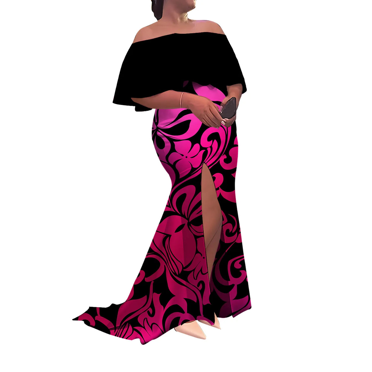 Women'S Dress Half-Printed One-Shoulder Slit Long Floor-Length Slimming Fishtail Dress Polynesian Evening Dress Custom-Made