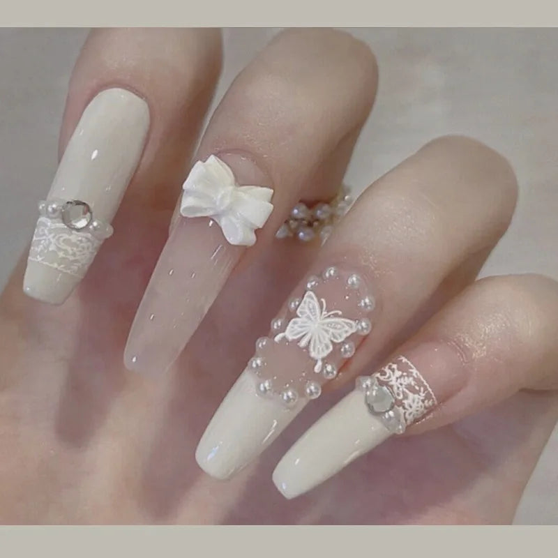 24Pcs Love Heart Butterfly Coffin Fake Nails Art French Long Ballet Detachable Wearing Press on Nail Tips Full Cover False Nails