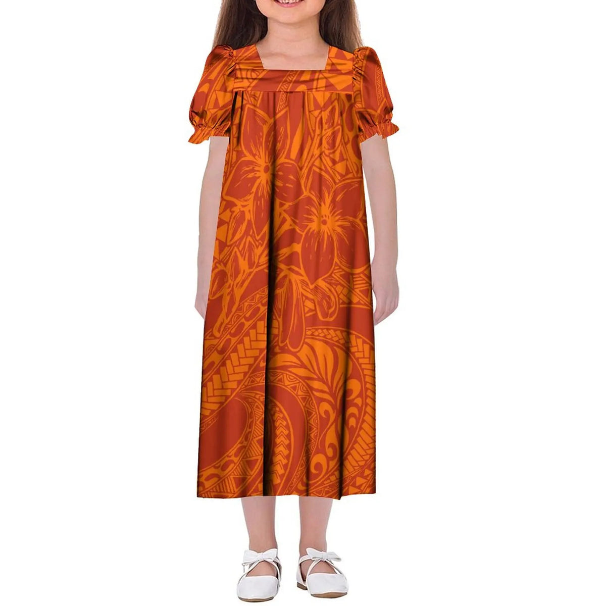 Custom Wholesale Polynesian Girls Dress Summer Puffed Sleeves Design Children'S Long Skirt Loose Dress Tribal Floral Print