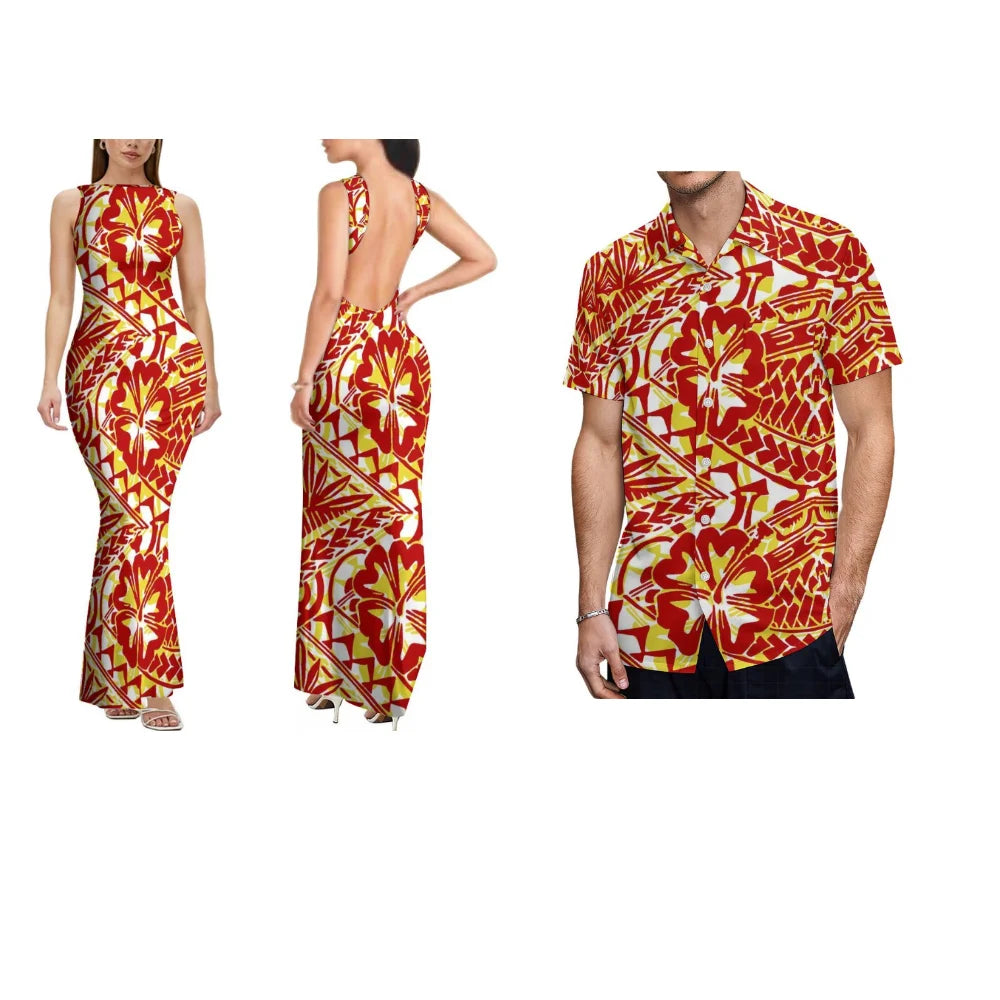 Polynesian Custom-Made Women'S Dress With Floral Design Backless Sleeveless Long Sexy And Slimming Couple Outfits Men'S Shirt