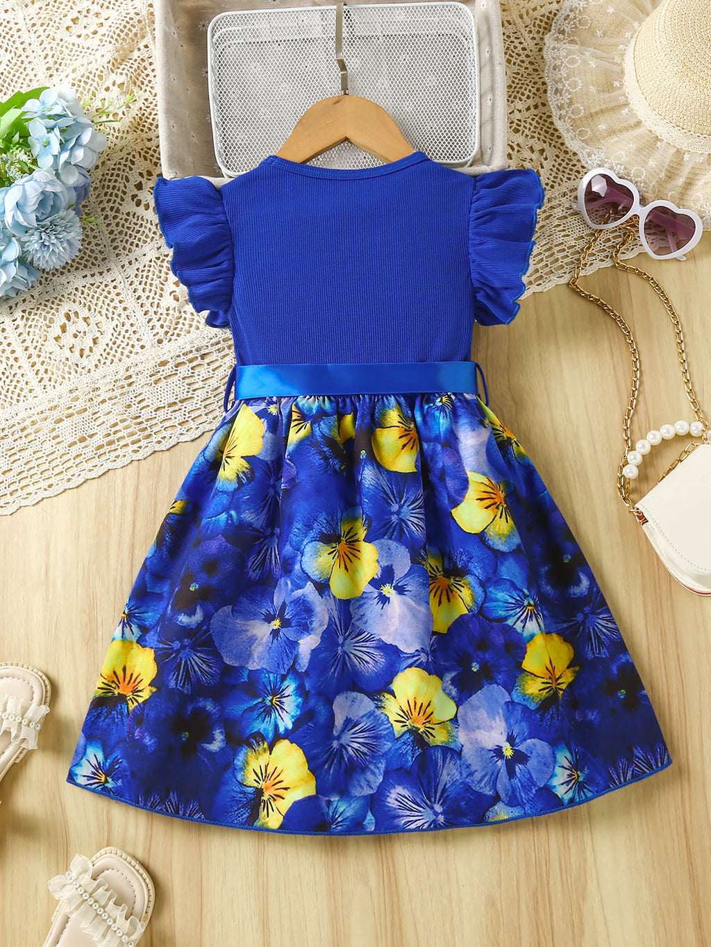 Girl's Beautiful Printed Blue Spliced Short Sleeved Dress+Belt Set Suitable for Summer Fashion Dresses for Girls Aged 2-7 Years