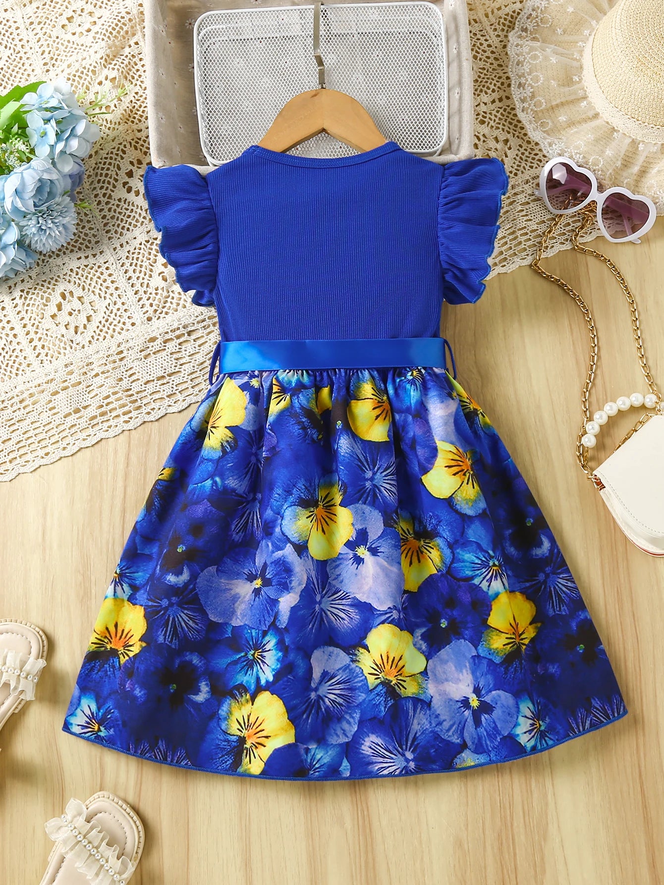 Girl's Beautiful Printed Blue Spliced Short Sleeved Dress+Belt Set Suitable for Summer Fashion Dresses for Girls Aged 2-7 Years