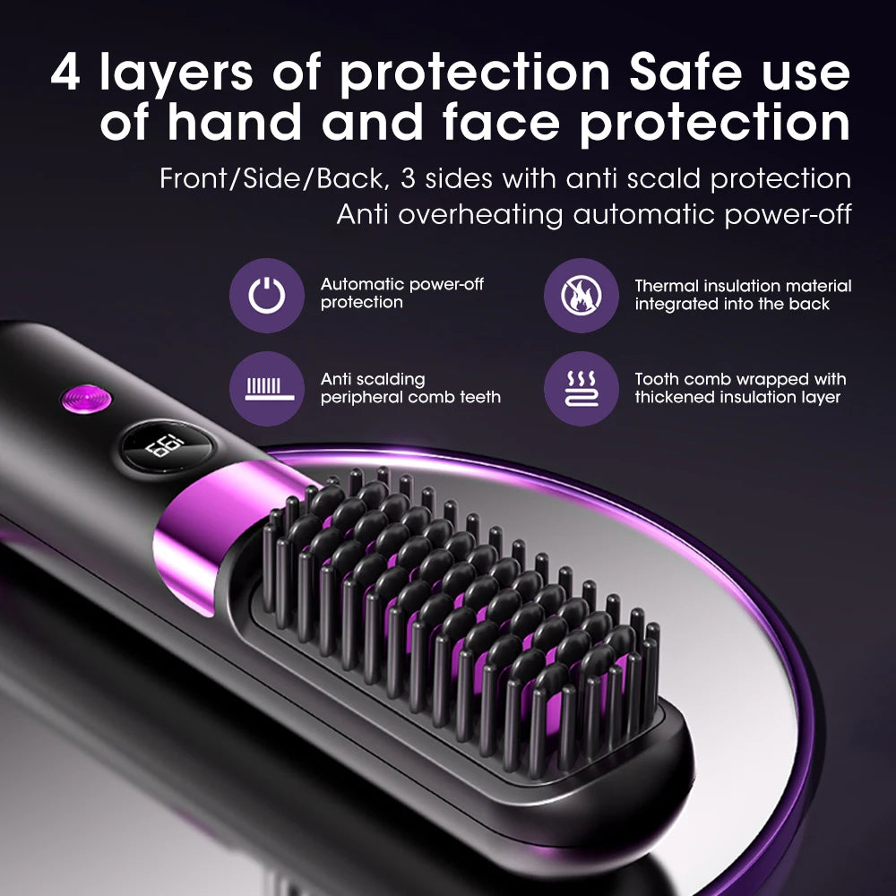 Portable Hair Straightener Brush 4 Temp Setting Cordless Straightening Comb LED Display Ceramic Coating Ionic Technology Styling