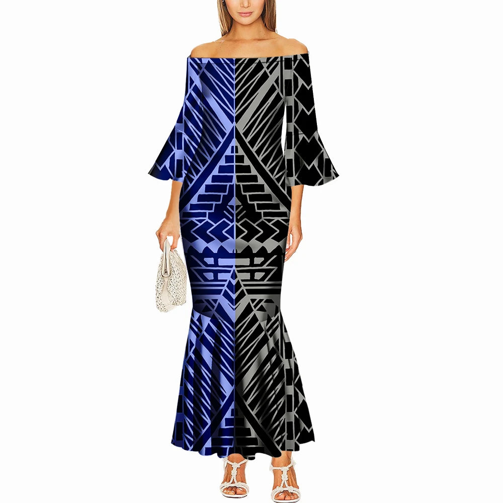 Summer One-Shoulder Puletasi Dress Custom-Made Samoan Islands Print Polynesian Tribal Women'S Tight Fishtail Dress