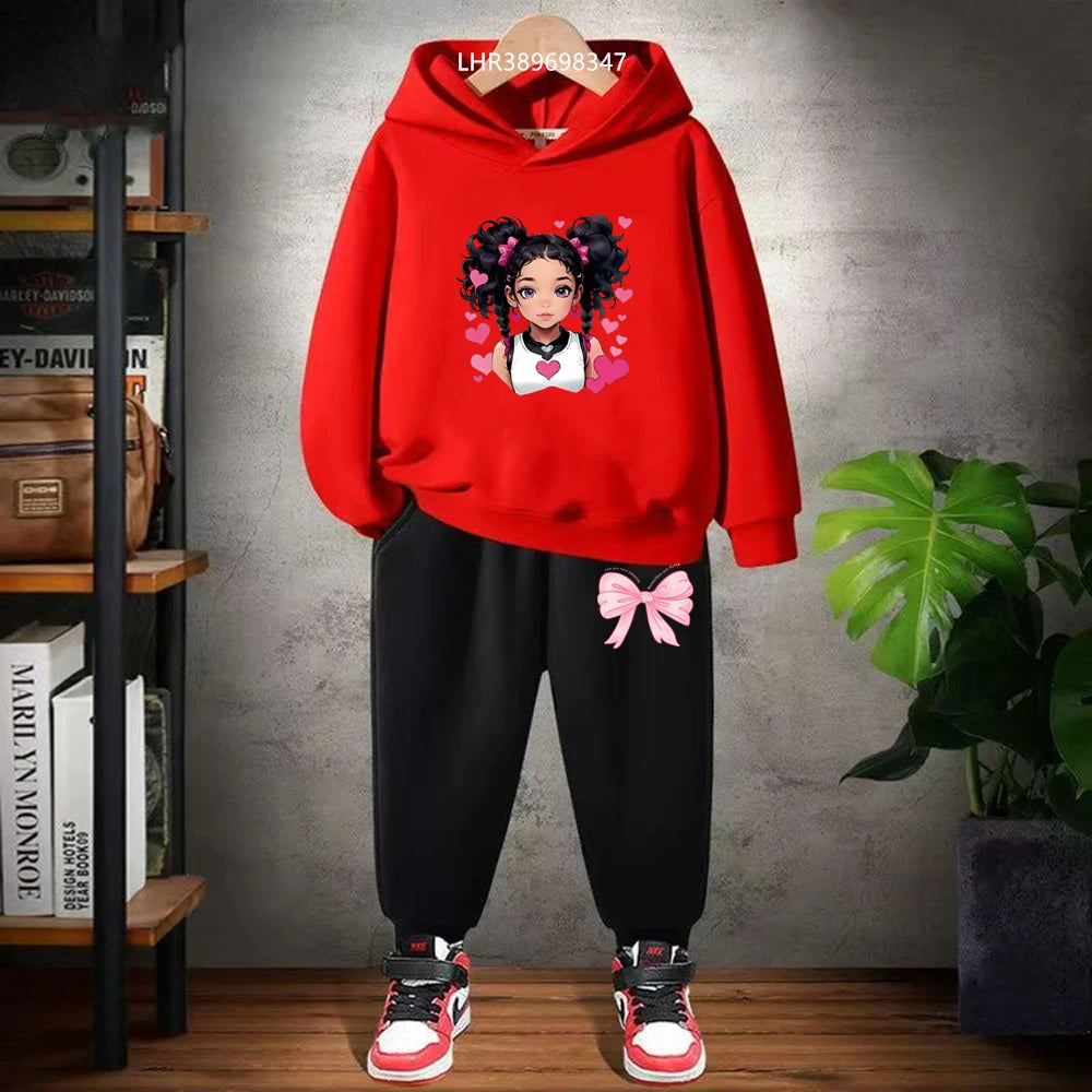 Bow Girl Pink Red Children's Hoodies Coat Top+Pants Suit Black Toddler Leisure Print Comfortable Fabric Clothing