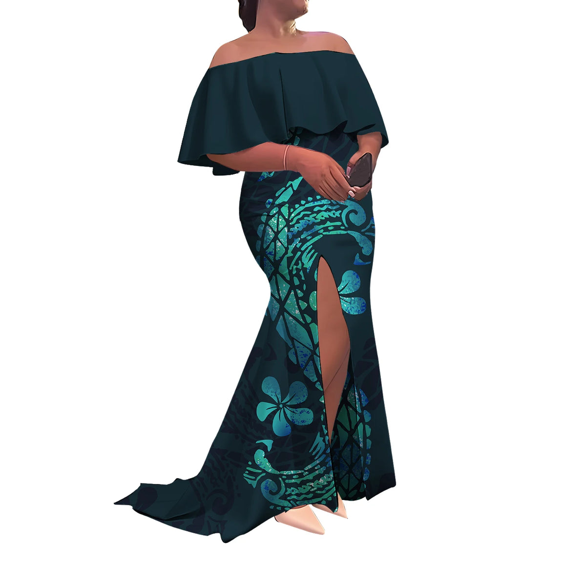 Summer Women'S Dress Elegant Half-Printed One-Shoulder Slit Long Floor-Length Polynesian Slimming Fishtail Dress