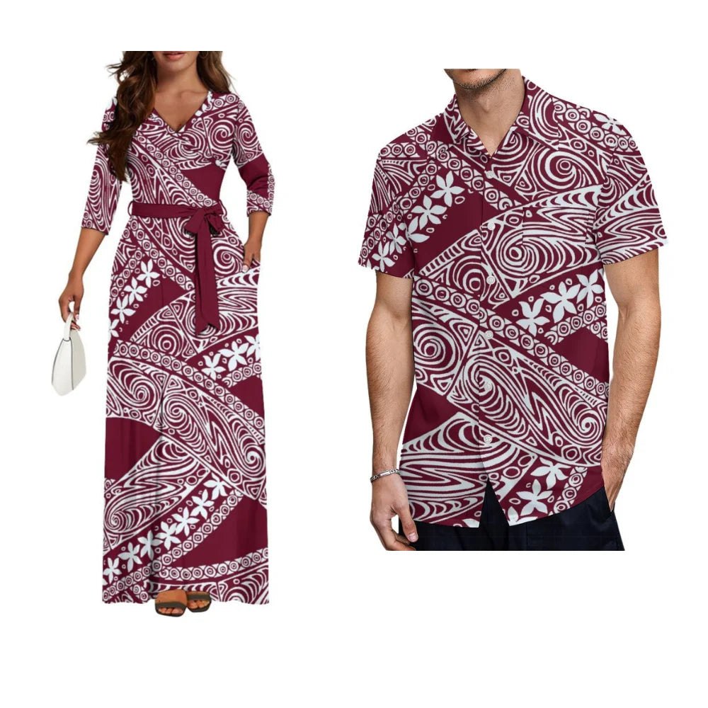 Samoa Hibiscus Flower Custom Women'S Dress Summer Autumn Long Sleeve V-Neck Temperament Dress Party Couple Dress Men'S Shirt