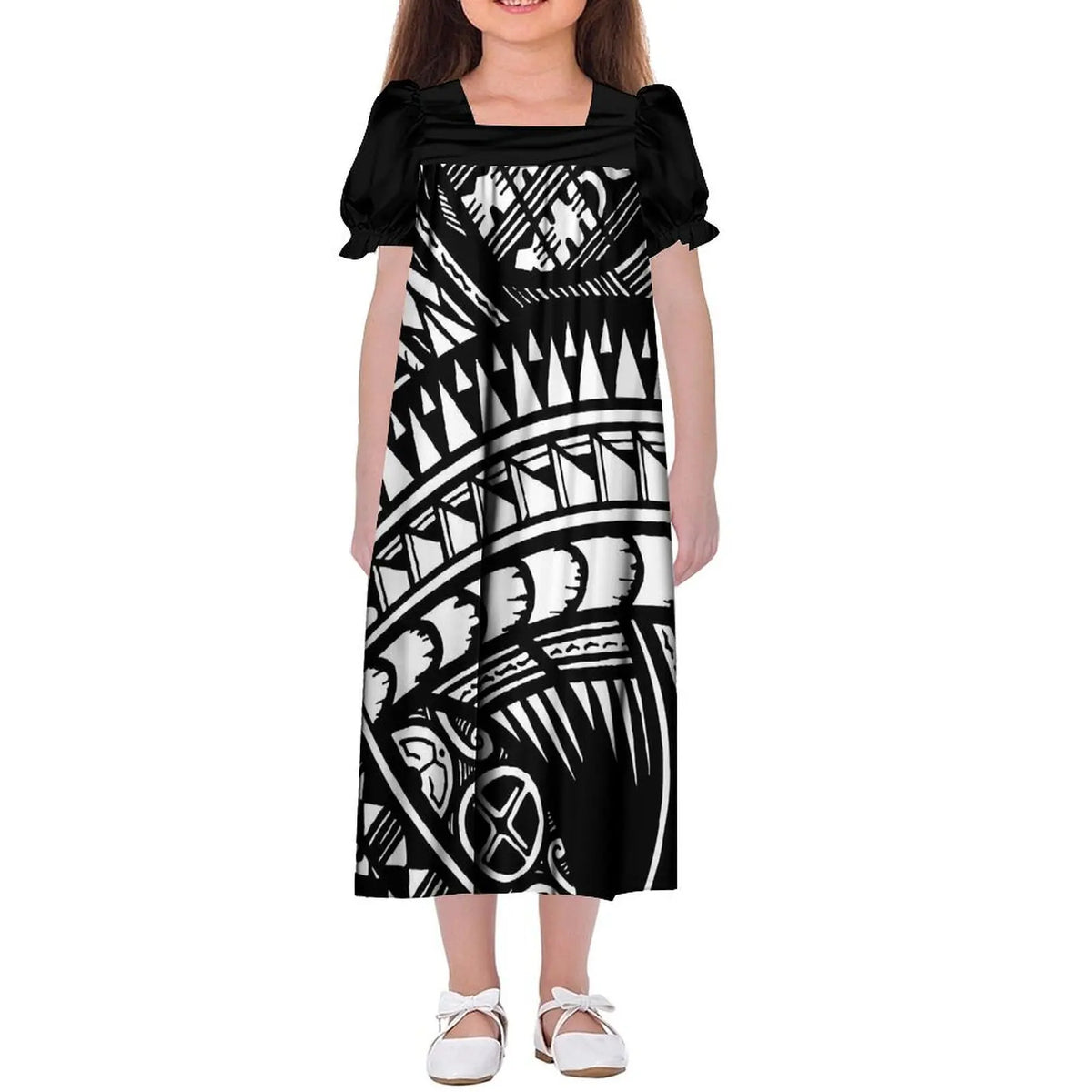 Custom Wholesale Polynesian Girls Dress Summer Puffed Sleeves Design Children'S Long Skirt Loose Dress Tribal Floral Print