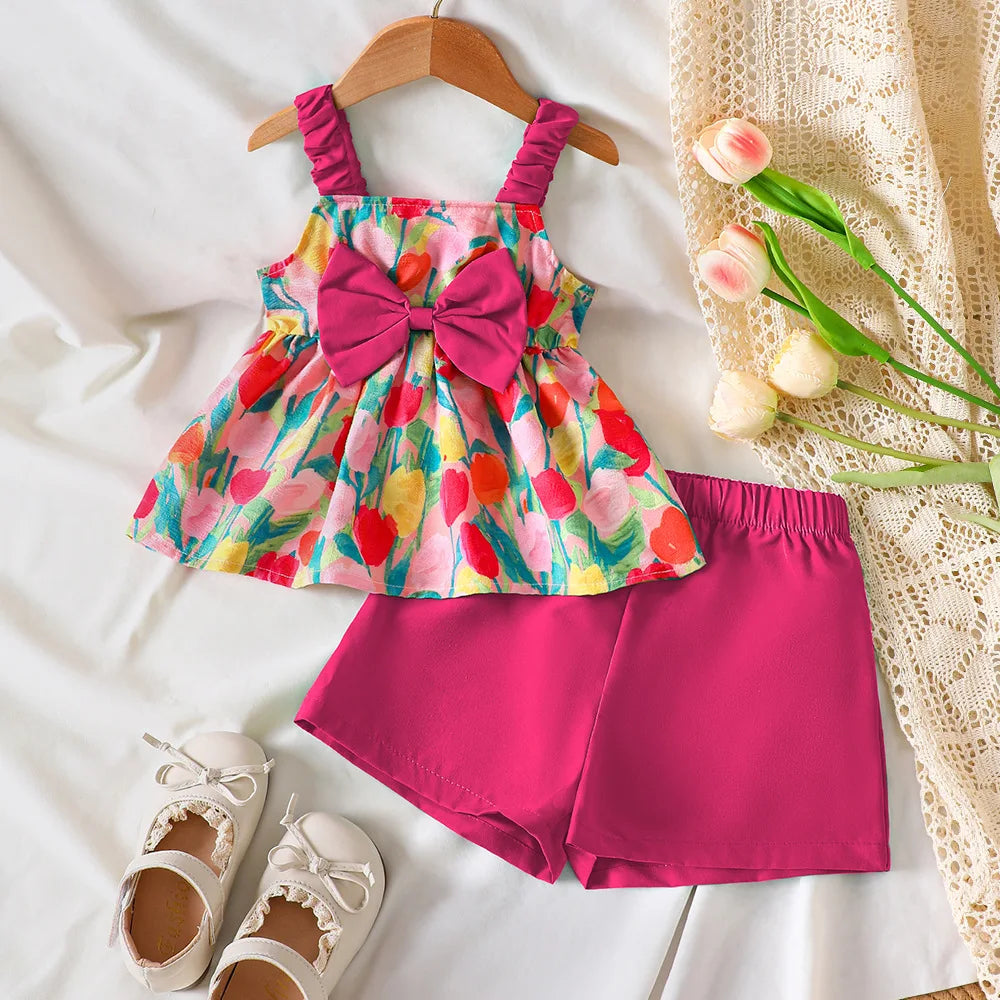 Summer Outfit For Girls Aged 4-7 Kids Girls Clothes Off-Shoulder Top And Shorts 2 Pcs Set Children Clothing For 4 5 6 7 Years