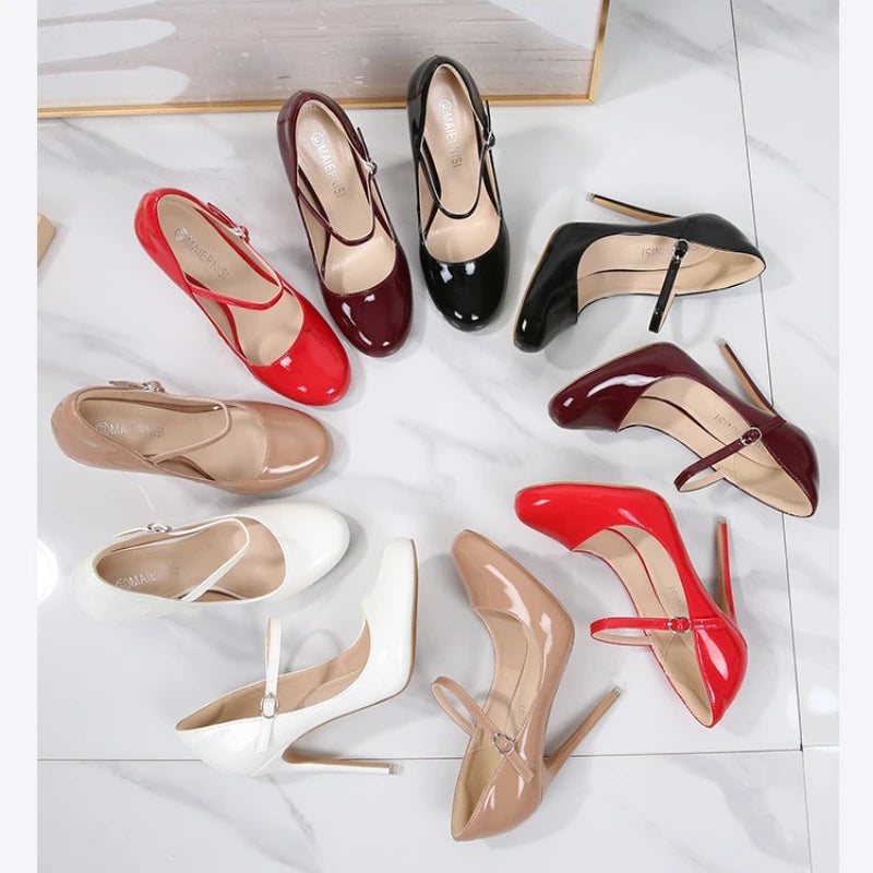 Fashion Women's Super High Heels Shoes Glossy Solid Color Round Head Female Belt Buckle Pumps Shallow Mouth Wedding Single Shoes