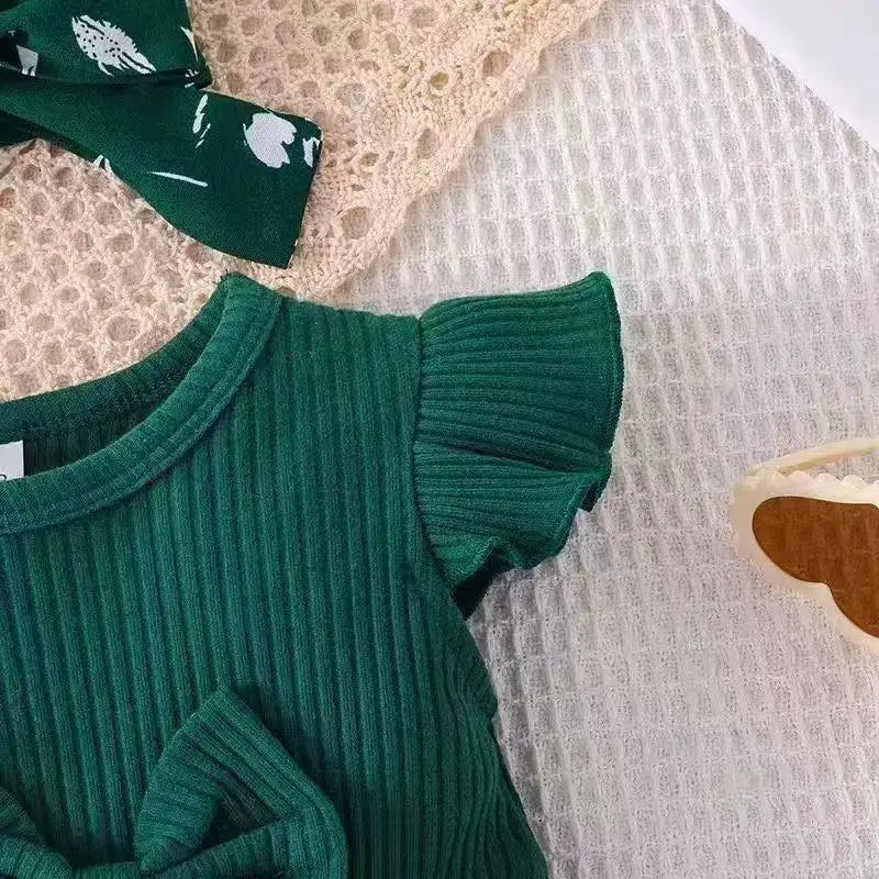 2026 Fashion Baby Girl Summer solid color breathable, wear-resistant and washable knitted top with flower print pattern dress