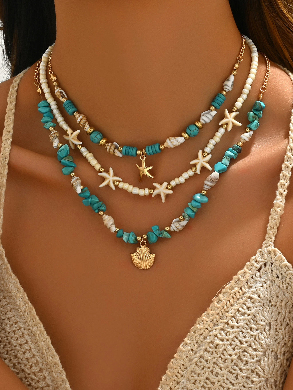 3Pcs Set Layered Turquoise Shell Starfish Necklace for Women Boho Beaded Necklaces Summer Beach Vacation Party Jewelry