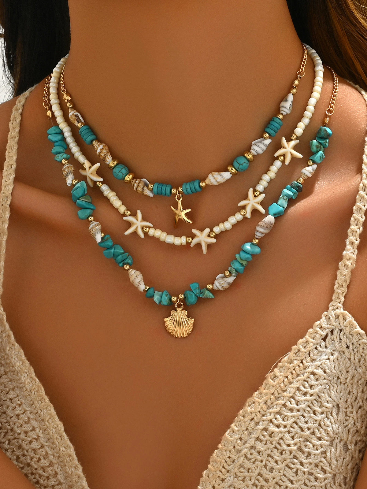 3Pcs Set Layered Turquoise Shell Starfish Necklace for Women Boho Beaded Necklaces Summer Beach Vacation Party Jewelry