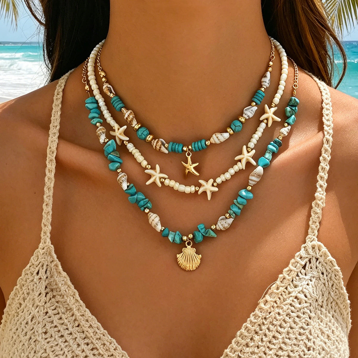 3Pcs Set Layered Turquoise Shell Starfish Necklace for Women Boho Beaded Necklaces Summer Beach Vacation Party Jewelry