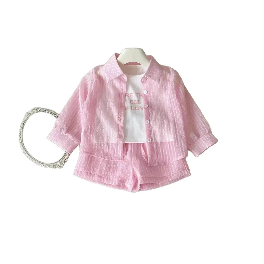3Pcs Girls Clothing Sets Summer Cool Blouse Shirt+shorts+T-shirt Children Clothes Suits New Kids Outfits Set 2-7Yrs