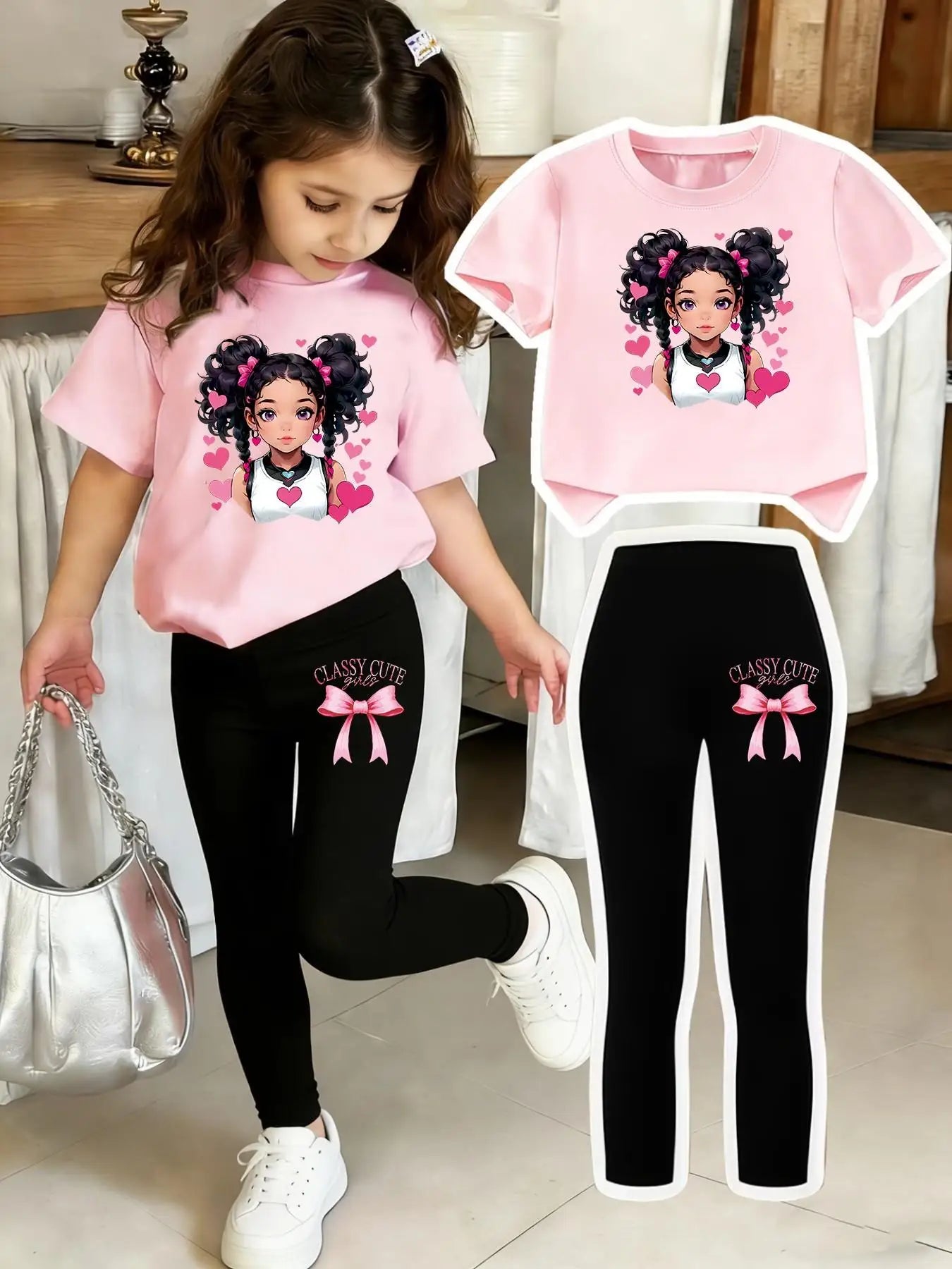 Girls' Short-Sleeve Set: Regular Short-Sleeve Top + Black Leggings Two-Piece Set with Bow Print Pants and Printed Top, Suitable for 4-12 Year Old Children, Casual Wear for Home and Outings