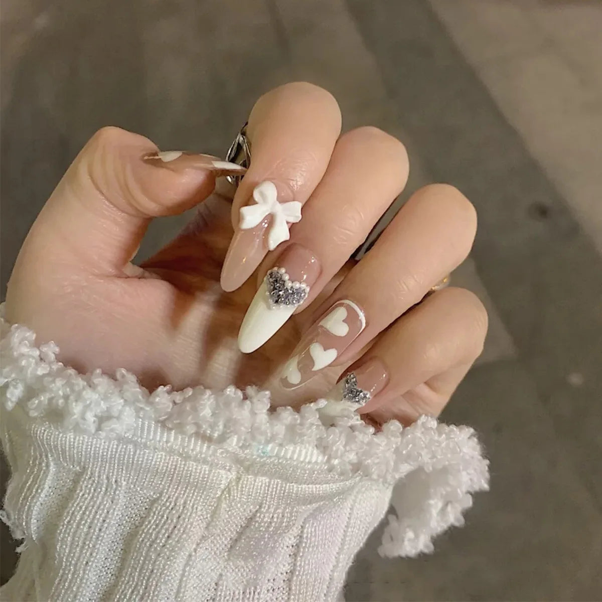 24Pcs Love Heart Butterfly Coffin Fake Nails Art French Long Ballet Detachable Wearing Press on Nail Tips Full Cover False Nails