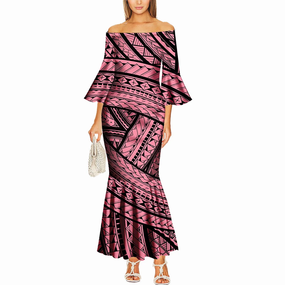Summer One-Shoulder Puletasi Dress Custom-Made Samoan Islands Print Polynesian Tribal Women'S Tight Fishtail Dress