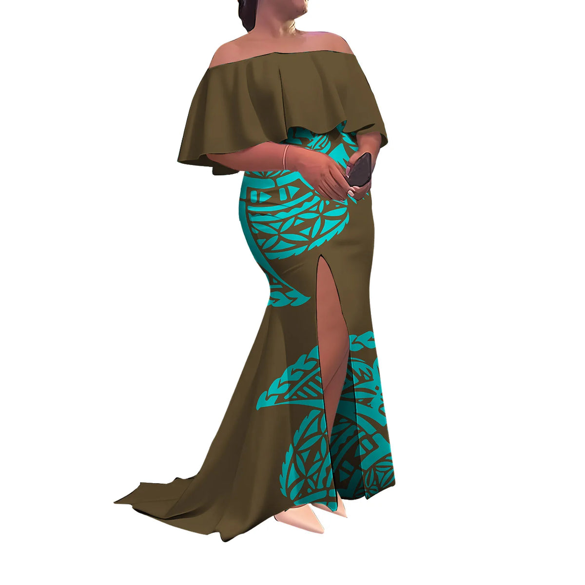 Women'S Dress Half-Printed One-Shoulder Slit Long Floor-Length Slimming Fishtail Dress Polynesian Evening Dress Custom-Made
