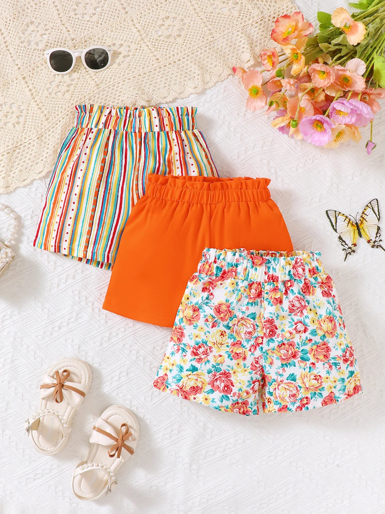 3pcs girls' floral and striped printed shorts suitable for daily outings in spring/summer, can be used as gifts