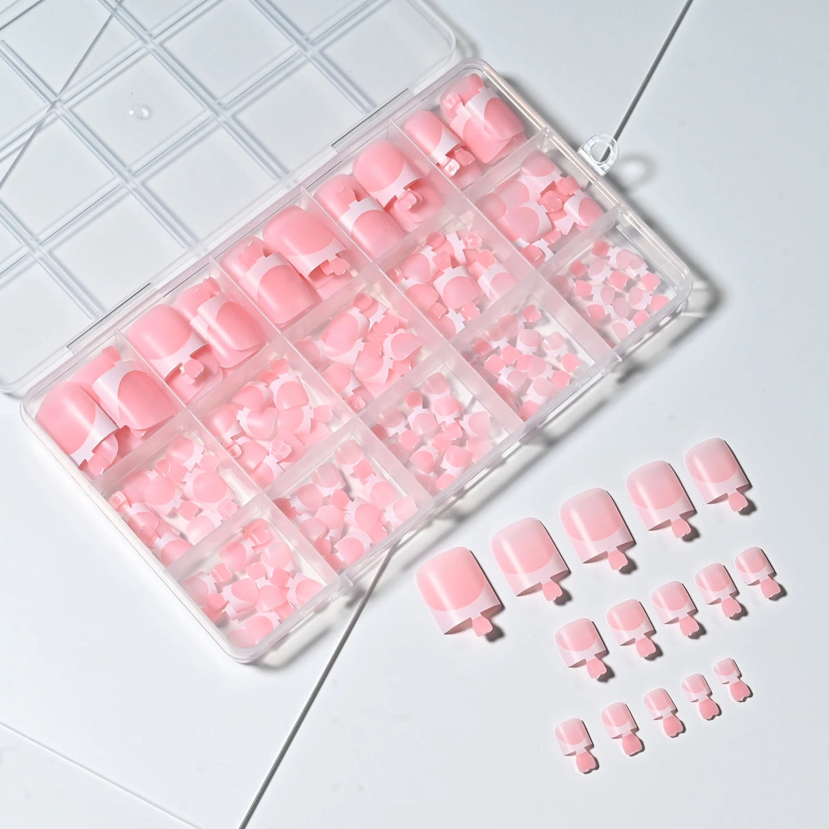 150Pcs Pink White French Press On Toenails 15-Sizes Short Square Fake Toe Nails White Edge Design Wearable False Foot Nail Tips