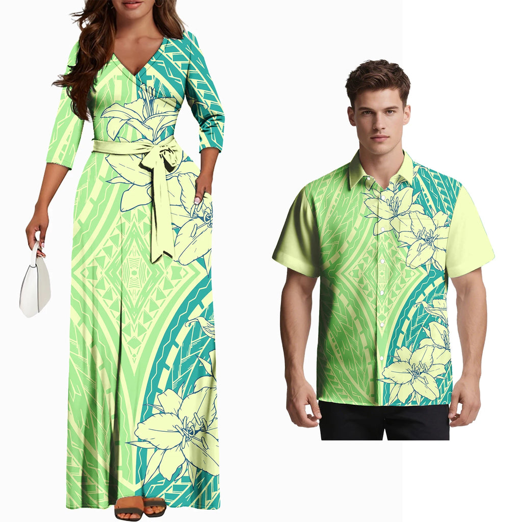 Fashion Couple Outfits Hawaiian Men Pocket Shirts Samoan Women V-Neck Flowers Laceup Long Dress Polynesian Couple of Set Custom