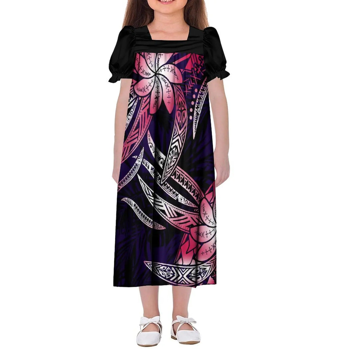 Custom Wholesale Polynesian Girls Dress Summer Puffed Sleeves Design Children'S Long Skirt Loose Dress Tribal Floral Print