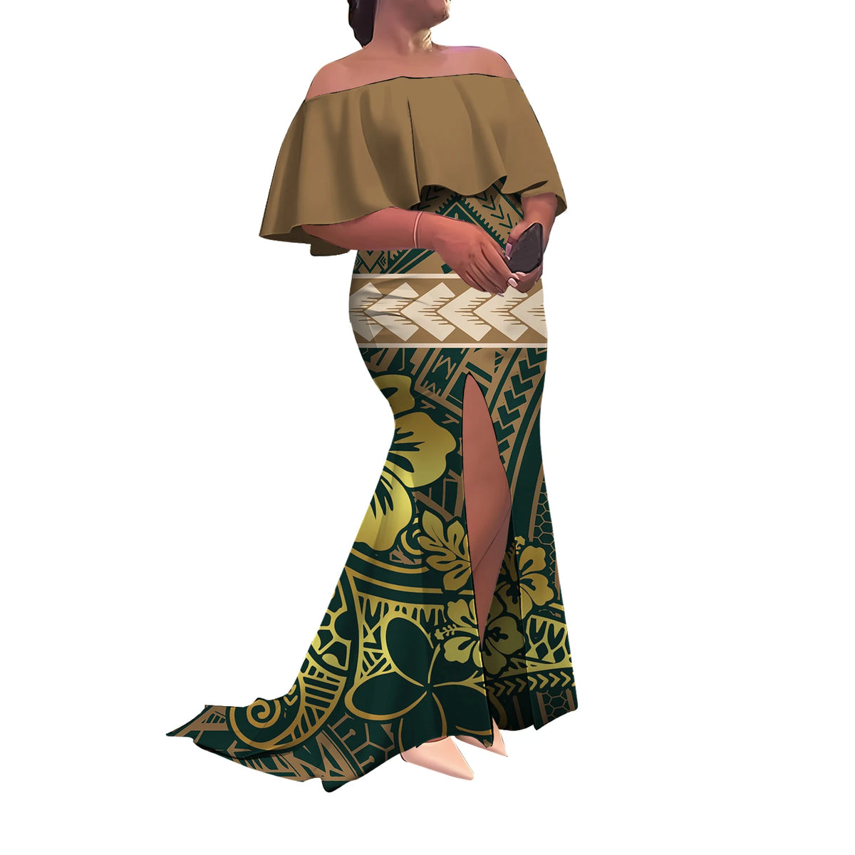 Summer Women'S Dress Elegant Half-Printed One-Shoulder Slit Long Floor-Length Polynesian Slimming Fishtail Dress