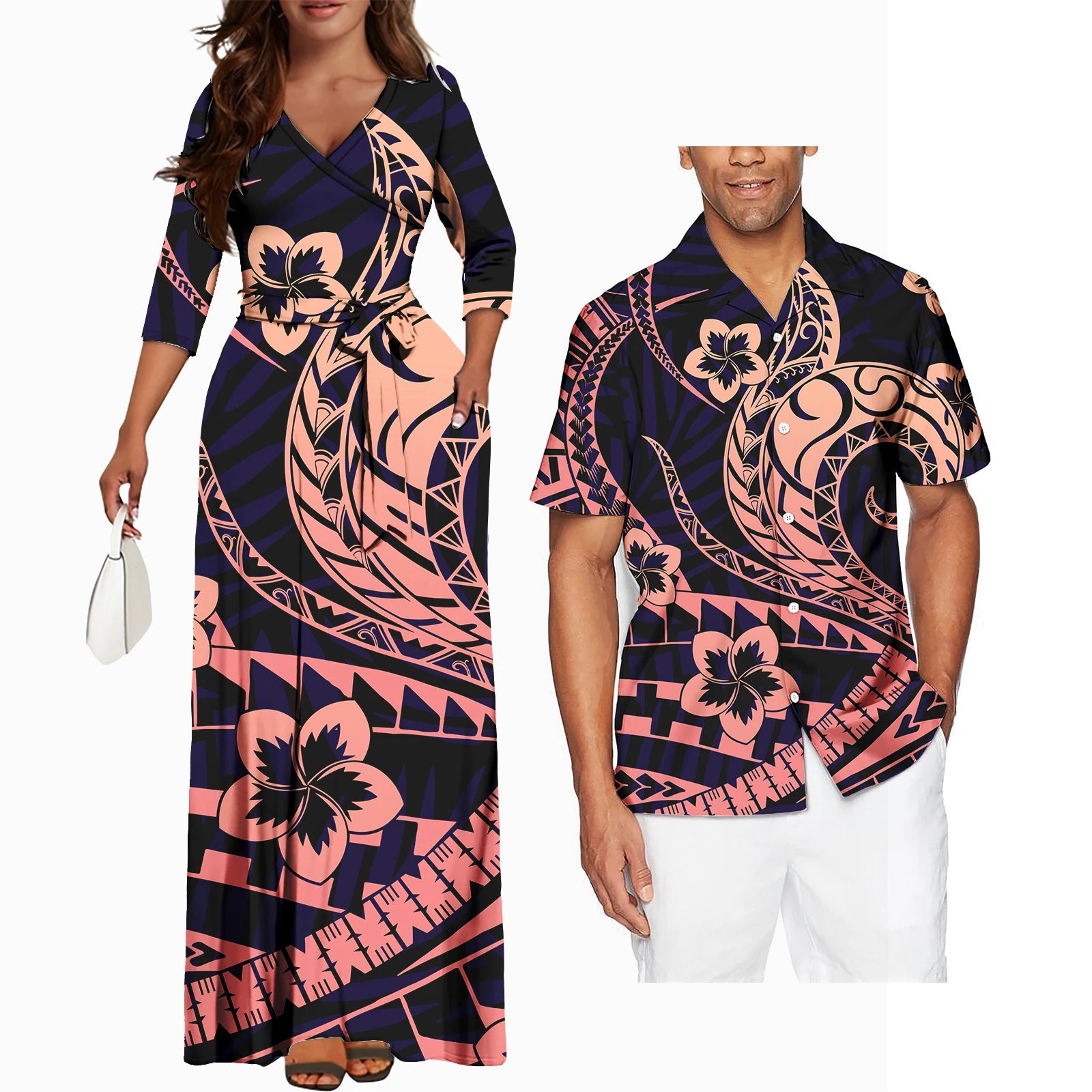 Matching Couples Clothes Pacific Islands Style New Arrivals V Neck Long Sleeve Women Dress Hawaii Island Polynesian Style