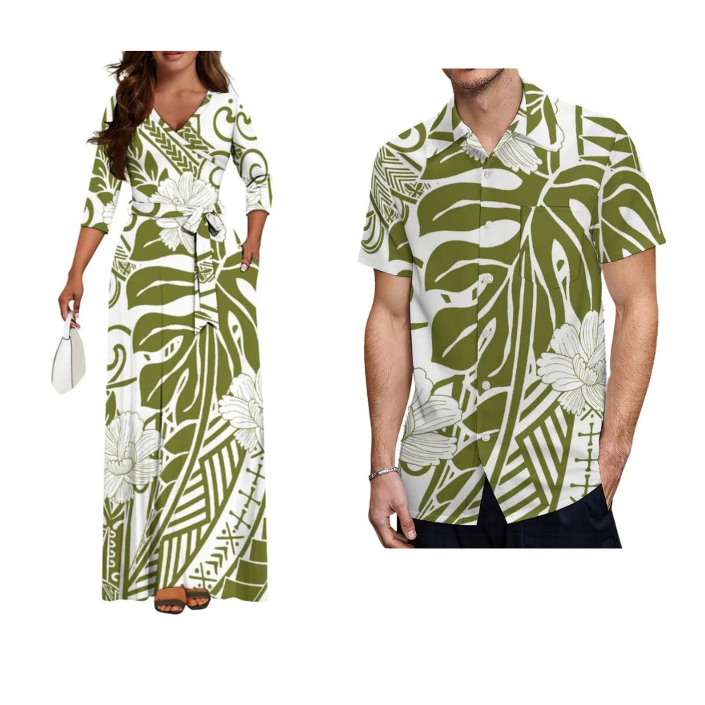 Samoa Hibiscus Flower Custom Women'S Dress Summer Autumn Long Sleeve V-Neck Temperament Dress Party Couple Dress Men'S Shirt