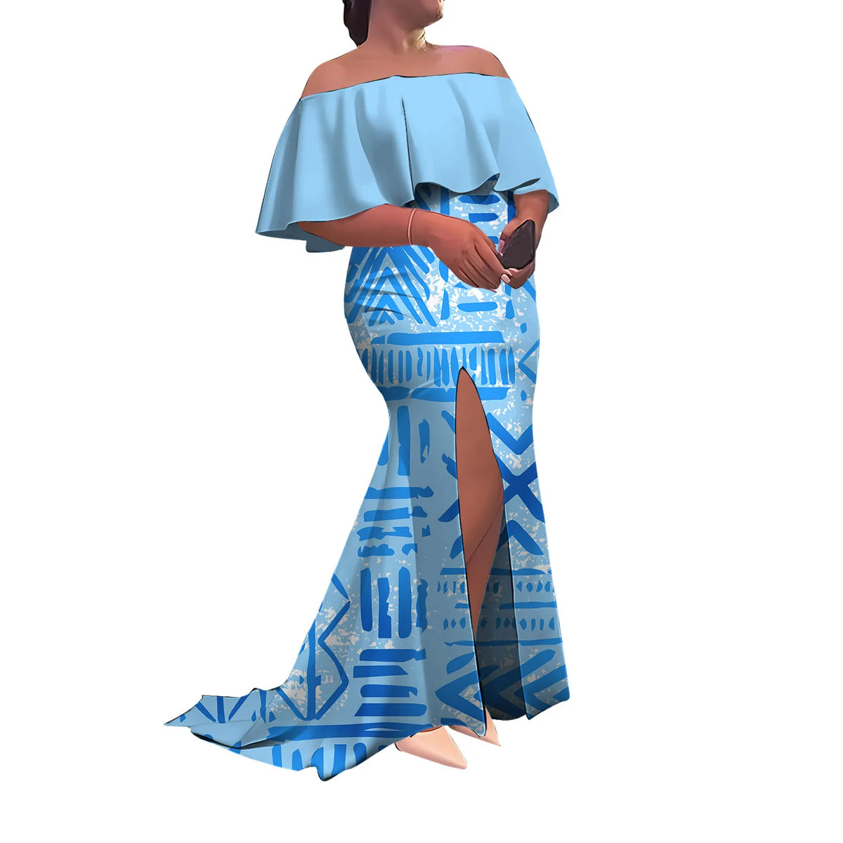 Women'S Dress Half-Printed One-Shoulder Slit Long Floor-Length Slimming Fishtail Dress Polynesian Evening Dress Custom-Made