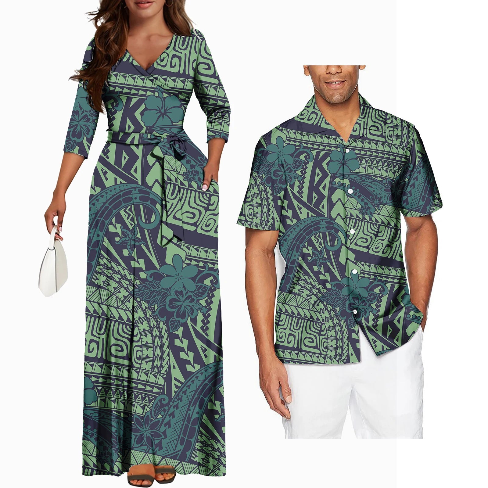 Matching Couples Clothes Pacific Islands Style New Arrivals V Neck Long Sleeve Women Dress Hawaii Island Polynesian Style
