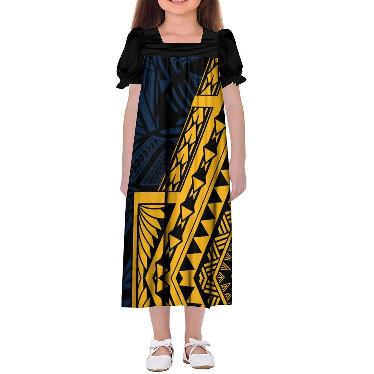 Custom Wholesale Polynesian Girls Dress Summer Puffed Sleeves Design Children'S Long Skirt Loose Dress Tribal Floral Print