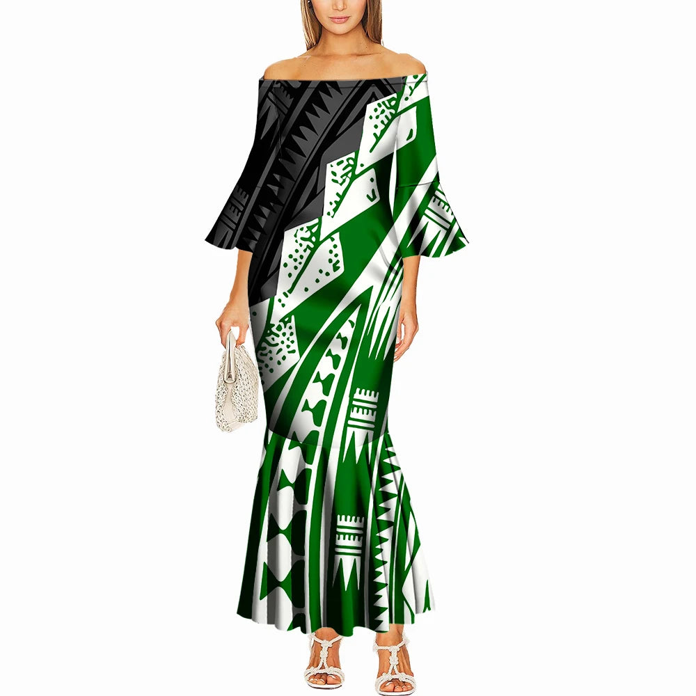 Summer One-Shoulder Puletasi Dress Custom-Made Samoan Islands Print Polynesian Tribal Women'S Tight Fishtail Dress