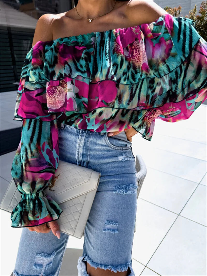 Floral Off-Shoulder Ruffle Chiffon Blouse