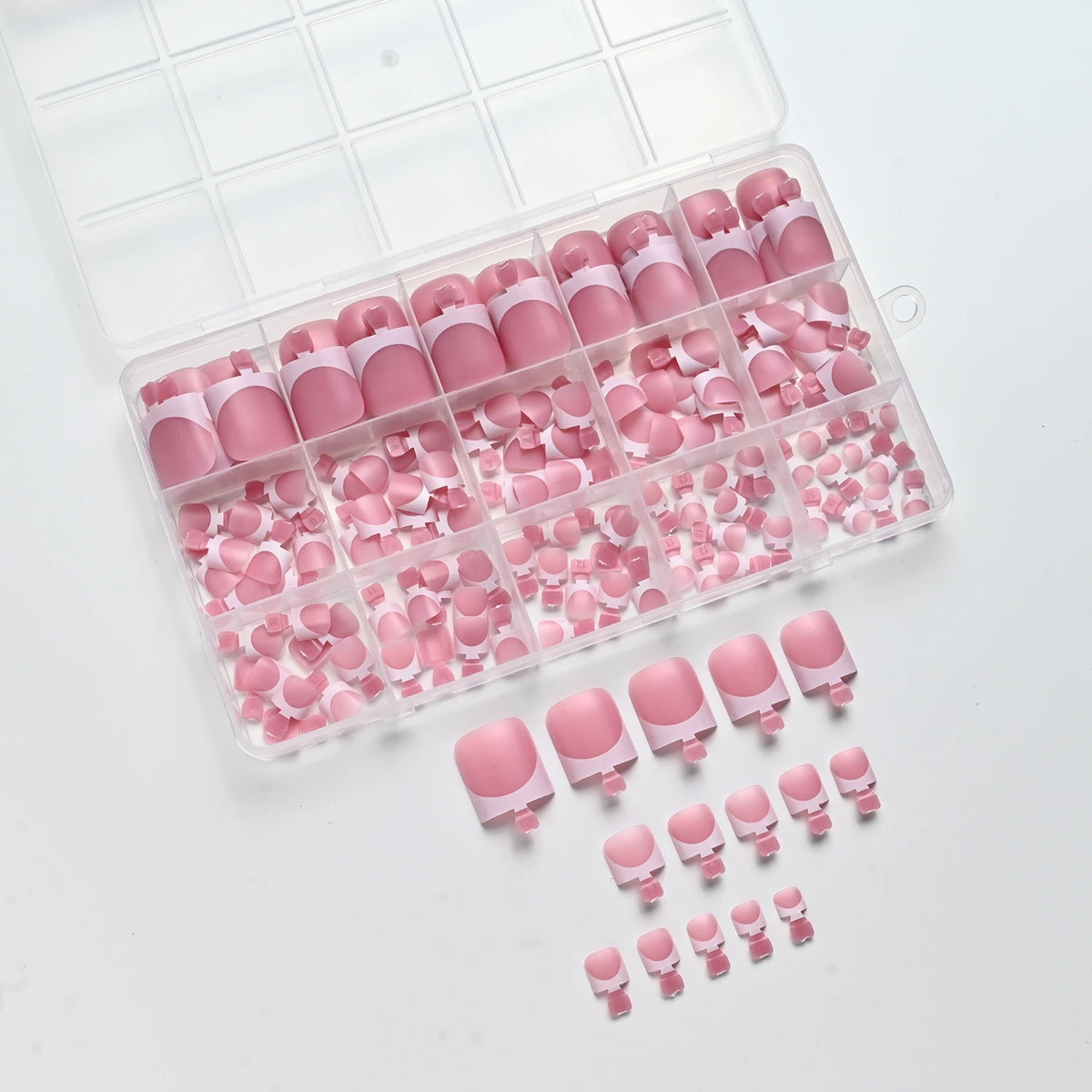 150Pcs Pink White French Press On Toenails 15-Sizes Short Square Fake Toe Nails White Edge Design Wearable False Foot Nail Tips