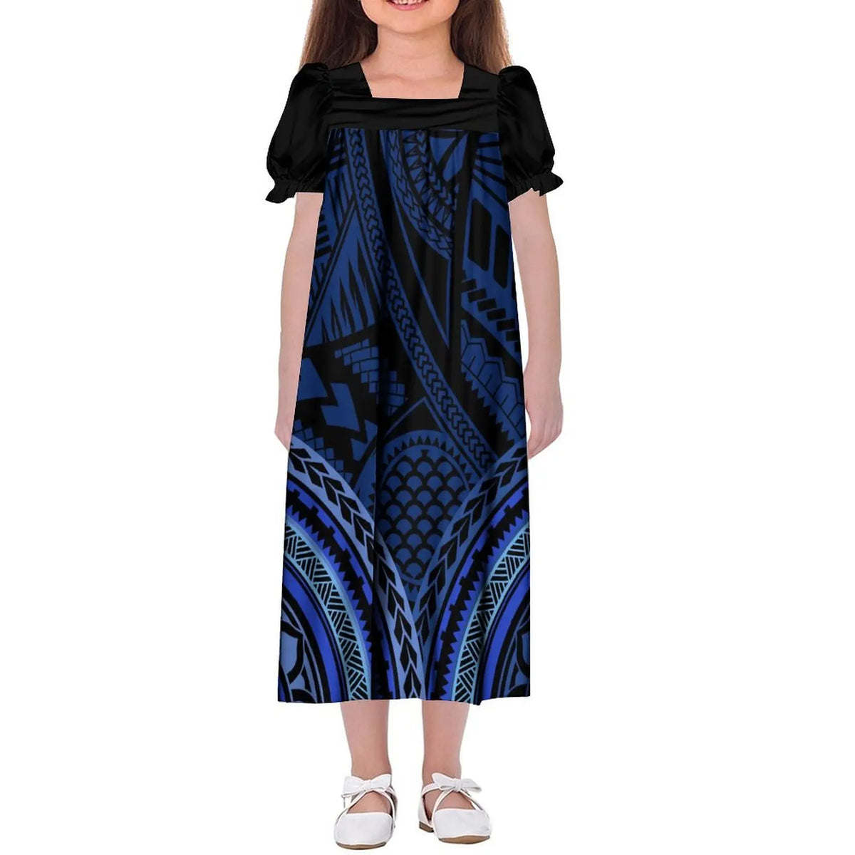 Custom Wholesale Polynesian Girls Dress Summer Puffed Sleeves Design Children'S Long Skirt Loose Dress Tribal Floral Print
