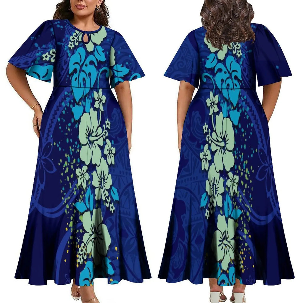 Wholesale Custom Polynesian Tribal Printed Half Flare Sleeve Long Party Dress Maxi Island Style Dress Plus Size Womens Clothing
