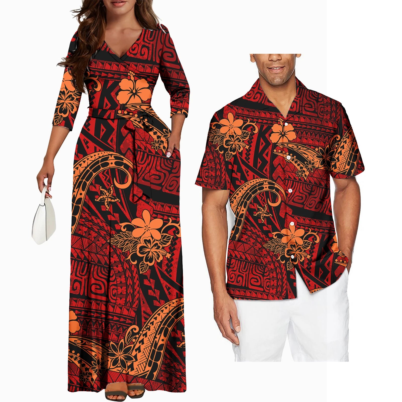 Matching Couples Clothes Pacific Islands Style New Arrivals V Neck Long Sleeve Women Dress Hawaii Island Polynesian Style