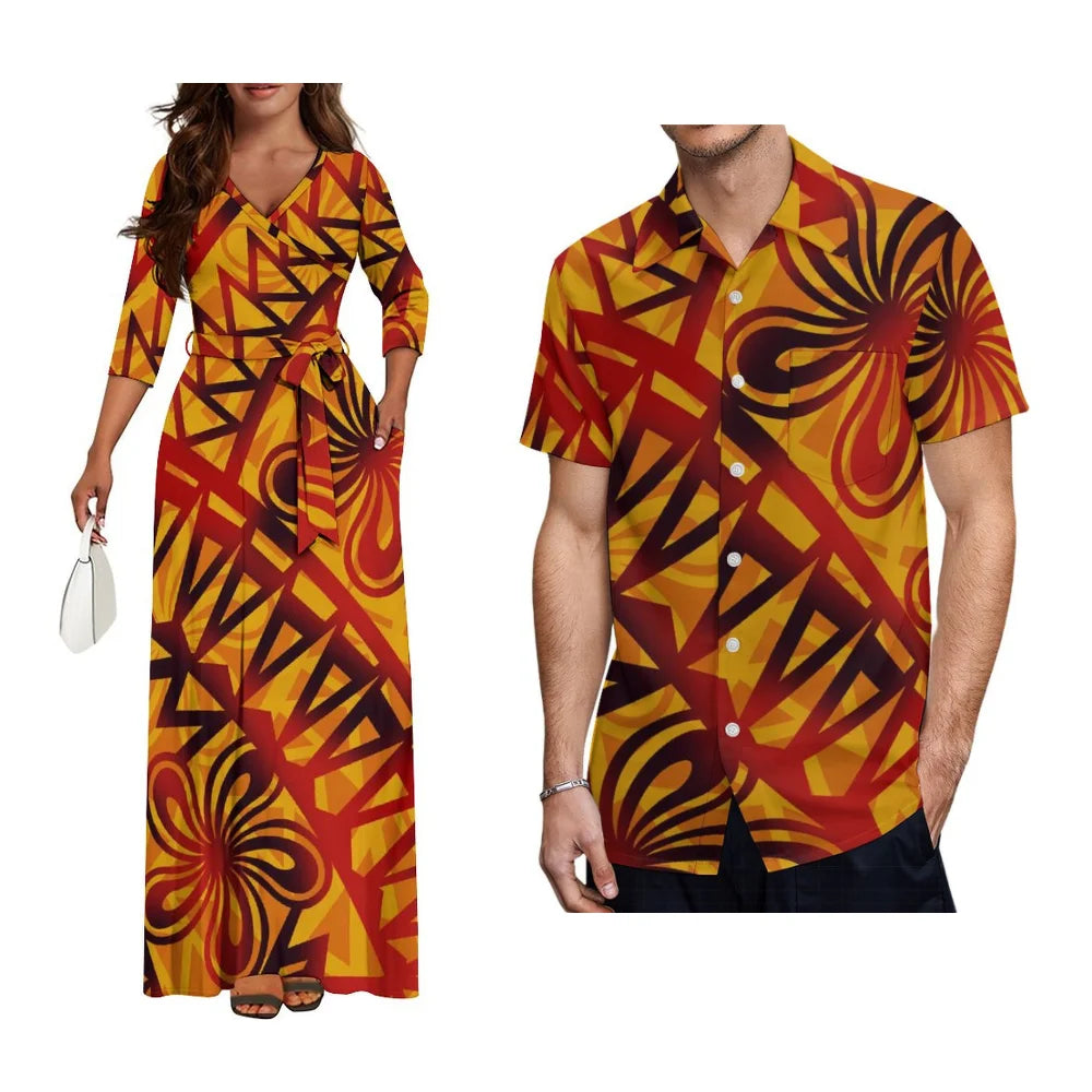 Polynesian Custom Couple Clothing Autumn Long Sleeve New Women'S Dress Hawaii Men'S Formal Shirt 2-Piece Set 2025 New