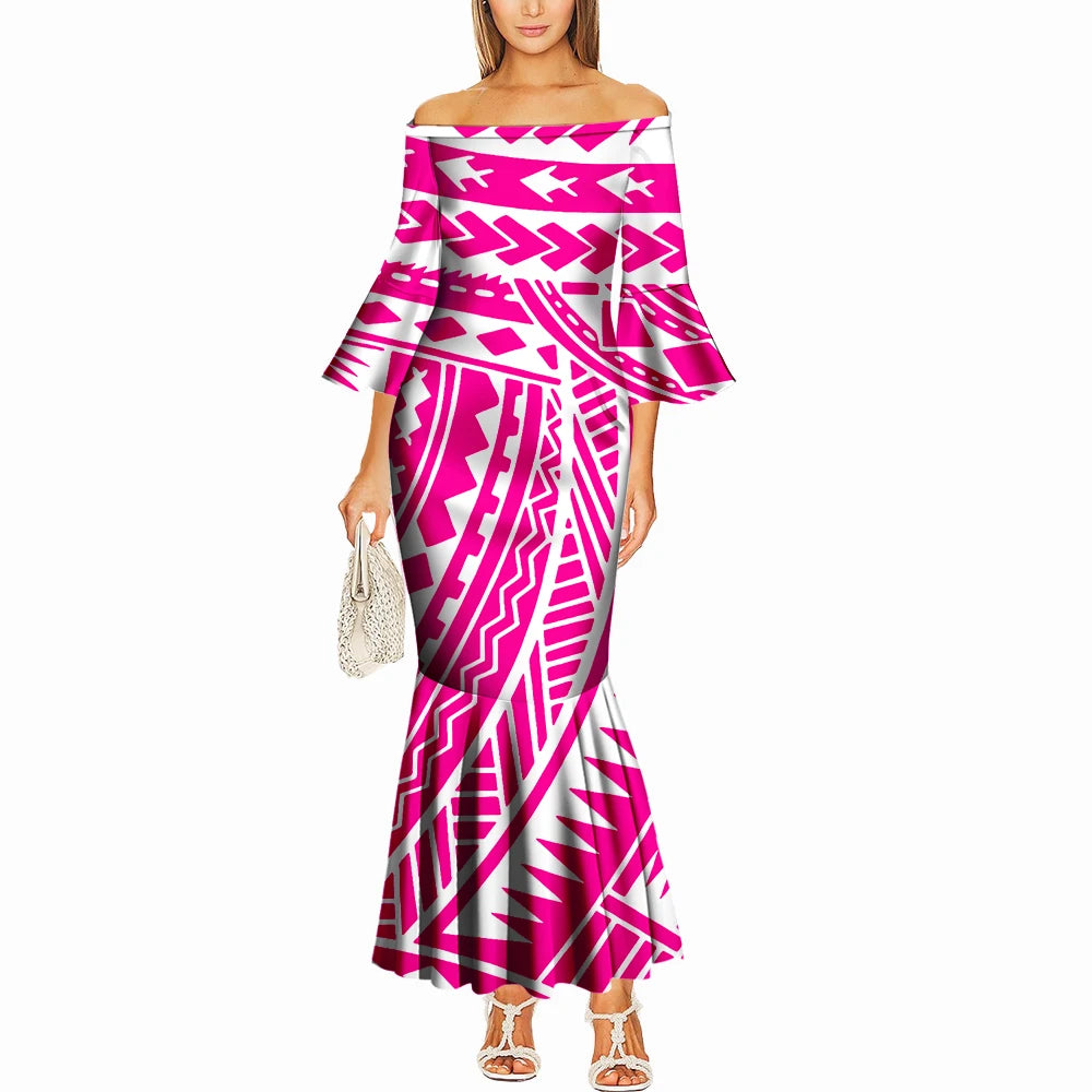 Summer One-Shoulder Puletasi Dress Custom-Made Samoan Islands Print Polynesian Tribal Women'S Tight Fishtail Dress