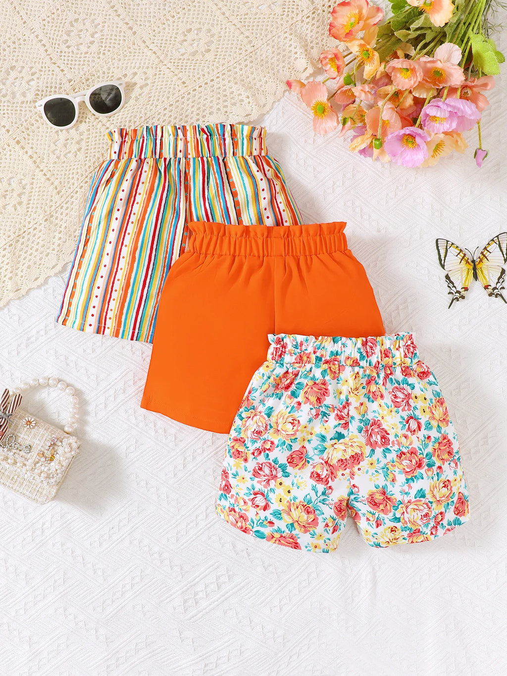 3pcs girls' floral and striped printed shorts suitable for daily outings in spring/summer, can be used as gifts