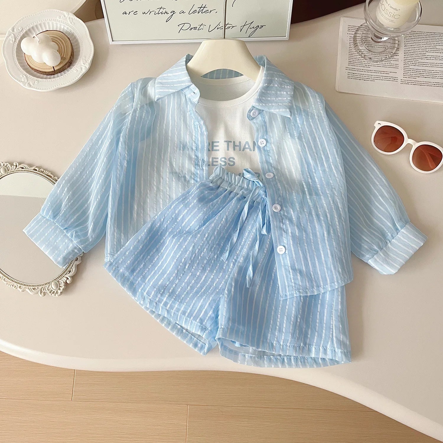 3Piece Summer Toddler Girl Clothes Korean Fashion Stripe Letter Long Sleeve Tops+Vest+Shorts Kids Clothing Children's Sets B068